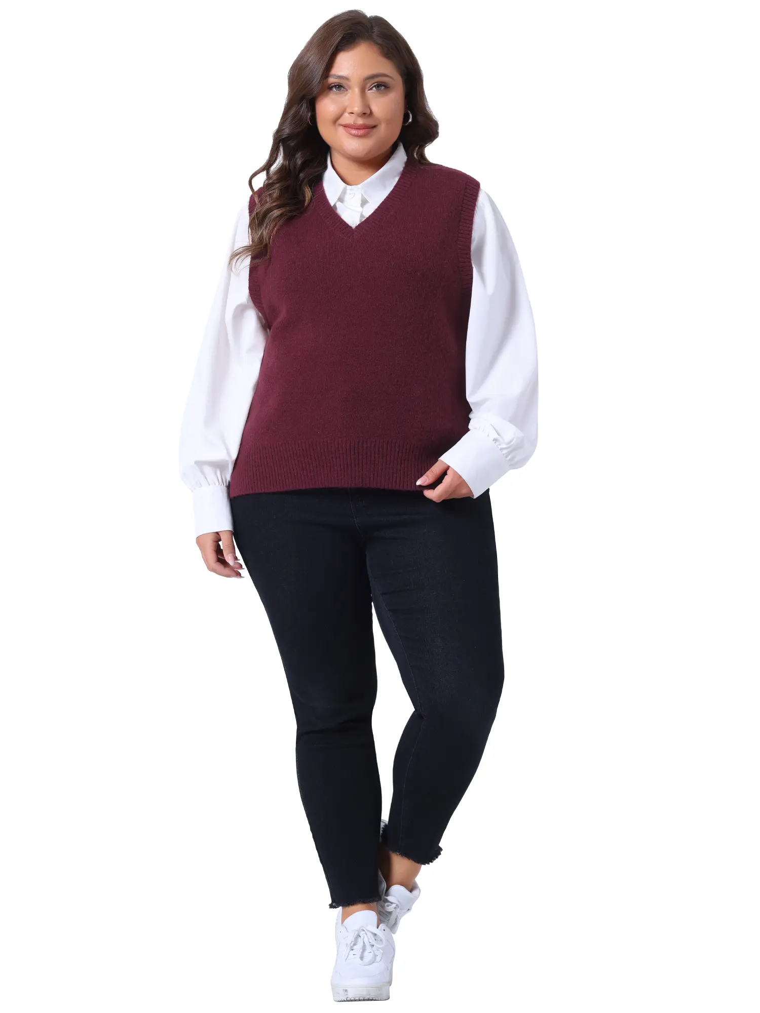 Agnes Orinda Plus Size Sweater Vest Women's V Neck Knit Vest Solid Color Classic Sleeveless Pullover Sweater Top