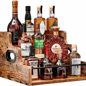 Solid Wood Wine Bottle Display Rack, Three-Tier Coffee Syrup Organizer, Bar Counter Shelf, Home Use, Whiskey, Spirits, Spices Storage