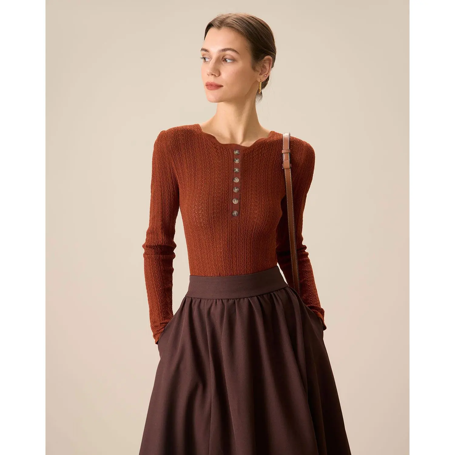 RIHOAS Women's Basic Fitted Knitwear Sweater - Wood Brown, Round Neck, Long Sleeve, Nylon-Viscose Fabric, Breathable, Casual, Hip-Length Pullover with Button Front, Tops, Rayon, Scallop, Full Sleeves, Medium Stretch, Slim Fit
