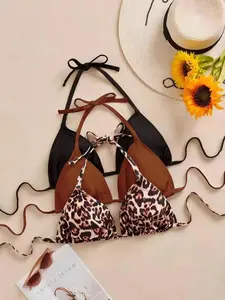 Plus Size 3-Piece Leopard Print Bikini Set - Adjustable Crop Top for Daily Wear & Beach Summer