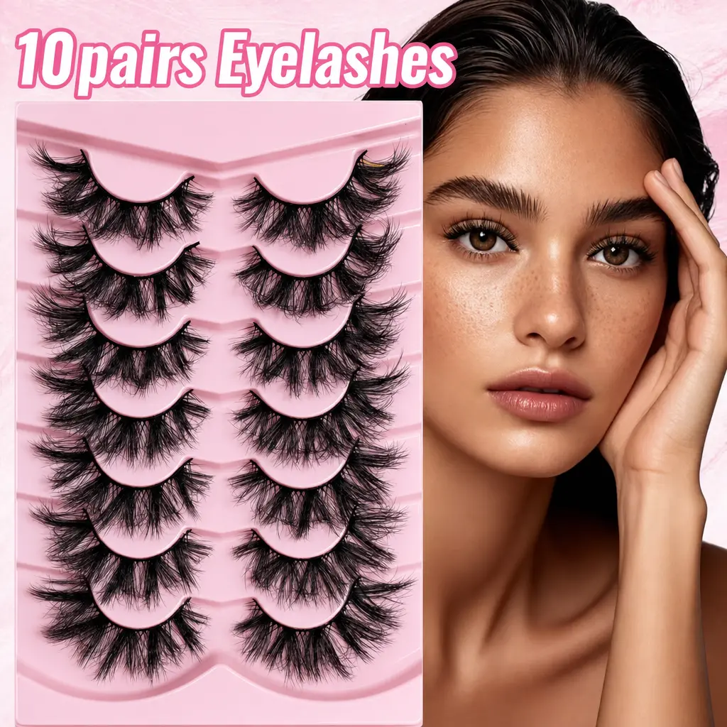 CC Curl False Eyelashes & Adhesives, 10-Pack Fluffy Wispy 3D Mink Lashes, Soft Light Reusable Volume Cosmetic Makeup Lashes, Lash Clusters