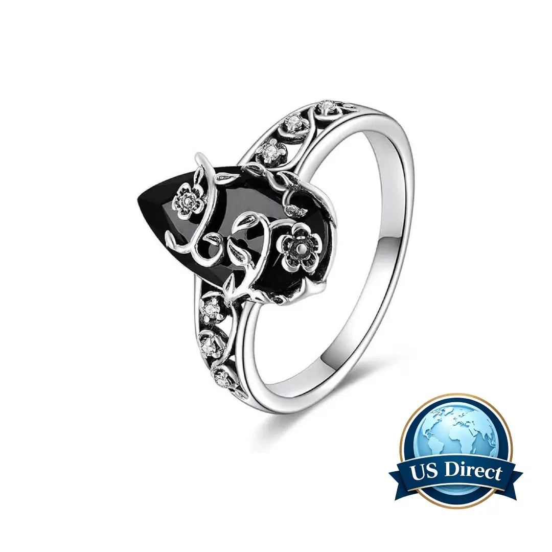 Vintage Gothic Style Black Onyx Floral Vine Ring, Antique Silver Hollow Floral Cubic Zirconia Ring, Dark Academia Witchcraft Aesthetic Dark Gem Stackable Ring, Vintage Twisted Branch Bohemian Style Women's Jewelry Gift