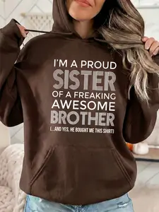 Women's Fashion Hooded Long Sleeve Sweatshirt, Proud Sister Design, Drawstring Kangaroo Pocket, Fall & Winter Casual Sportswear