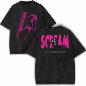 Scream Oversized Vintage Washed Tee – Pink Neon Horror Graphic Ghostface Double Printed Shirt | Retro Slasher Streetwear Collector TSE