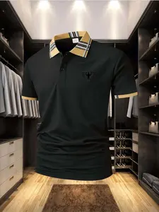 Men's Geometric Pattern Polo Shirt, Slim Fit Short Sleeve Cotton Tee, Breathable Business Casual Top for Summer 2026