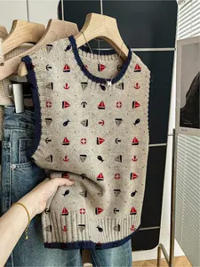 1 piece + Spring/Summer Back-to-School Casual Style Loose Round-neck Sleeveless Knitted Color-Contrasting Dark Blue Edged Patchwork Multi-Printed Knit Top for Women, suitable for wearing alone or paired with a jacket for an outfit. Knit Vest Tops