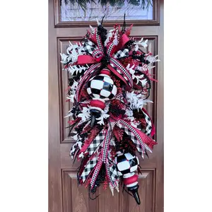 Glam Valentine’s Day Swag Wreath, Red Black & White Finial Ornament Door Decor, Romantic Statement Swag