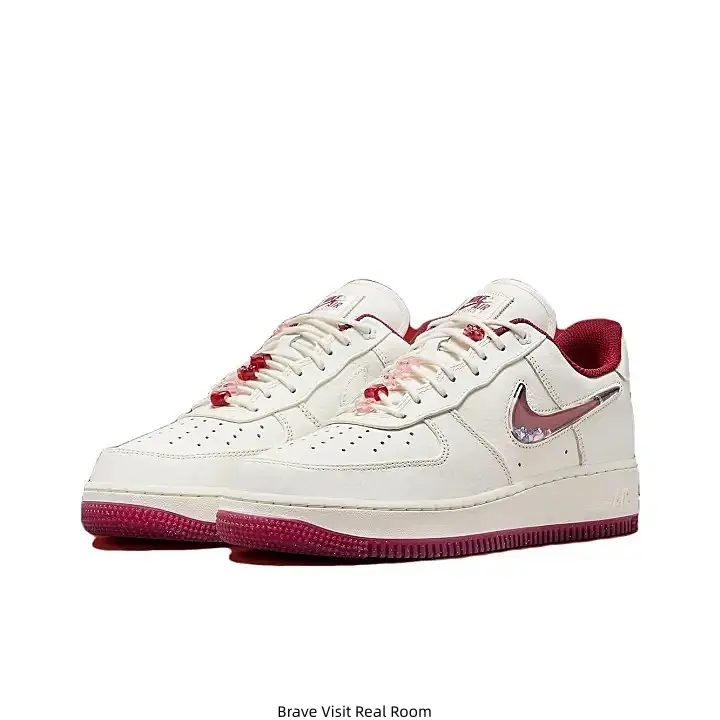 Off White Burgundy Red Swoosh Retro Low Top Air Force Casual Sneakers Red Rubber Outsole Floral Heel Detail Smooth Leather Daily Walking Shoes for Men Women Street Fashion Trainers