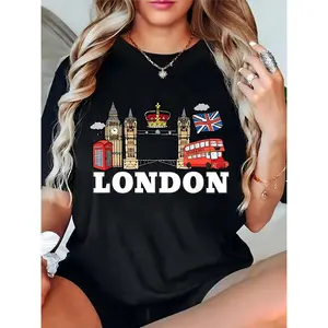 Women's London Graphic T-Shirt | Big Ben, Red Bus, Phone Booth, Union Jack, Crown Icons | Casual Travel Vacation Top 100% Cotton T-shirt