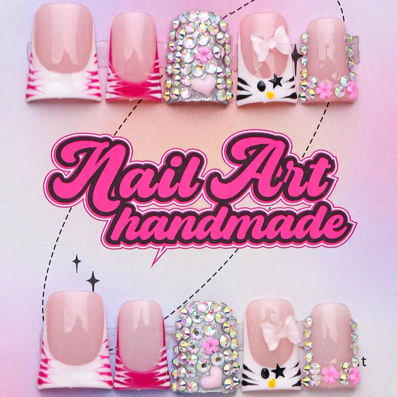 Women's Y2K DIY Nail Art Set with Bow & Heart Charms, Handmade Press On Nail Design Supplies, Perfect Gift for Parties