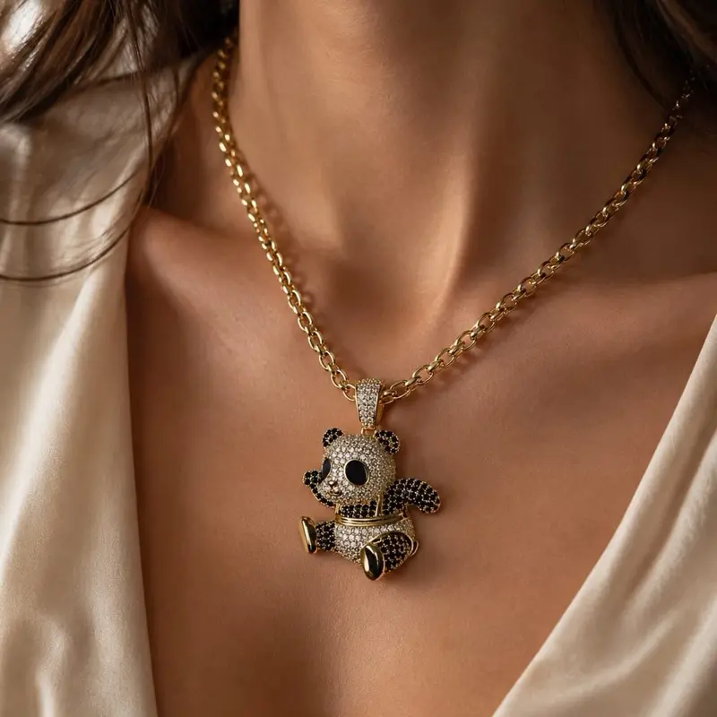 Female Full Rhinestones Panda Pendant Necklace Set, 18-in Necklace Chain, Daily Wear Chain Jewelry