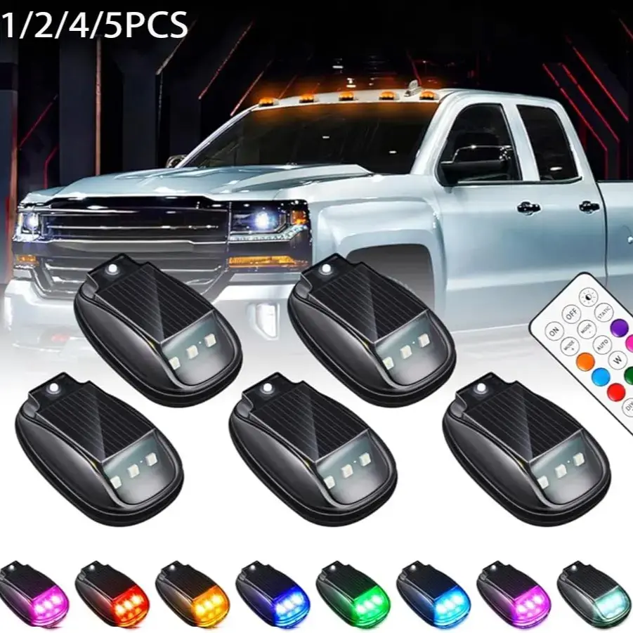 Solar Car Roof Neon RGB Strobe Light, Cab Signal Marker Lamp Wireless LED Warning Lights Safety Accessories for Cars Trucks Pickup SUV Jeeps Rvs with Vibration Sensor, No Drill, Waterproof, Strobe Light Bar, Car Lighting Accessories