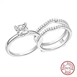 925 Silver Rings for Women K Gold Luxury Jewelry Solitaire Princess Cut CZ Engagement Ring with Enhancer Wedding Bands #Love Story