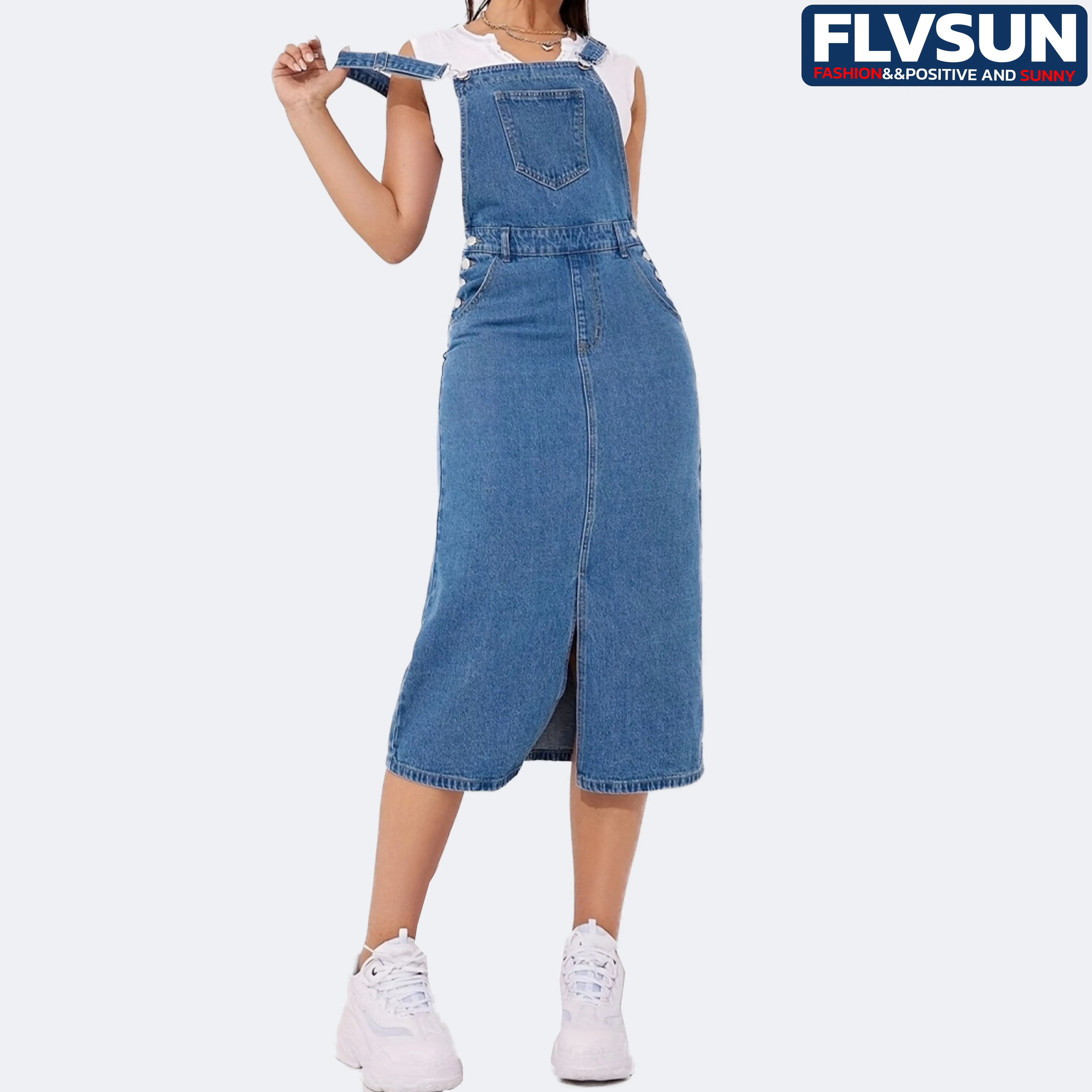 Flvsun Women's Classic Denim Fabric Overalls - Minimalist Sleeveless Button Detail Fashion Jean Skirt Overalls for Ladies with Adjustable Polyester Straps, Button Detail Overalls