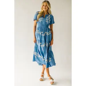 Women's Embroidered Blue Radford Casual Maxi Dress