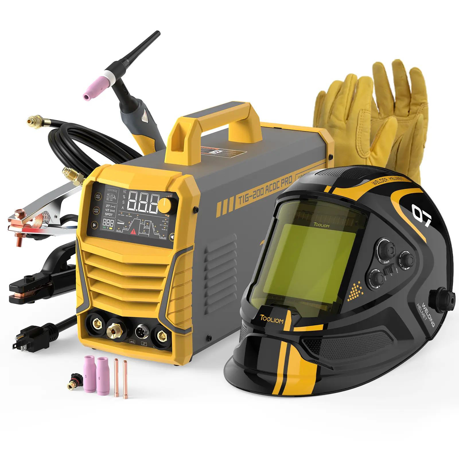 TOOLIOM TIG-200-ACDC PRO Aluminum Welder Protection Bundle - 200A 6-In-1 Multi-Process Welding Machine with AC/DC TIG/AC Pulse/DC Pulse/MMA/Spot Mode, Includes Gloves & Auto-Darkened Helmet