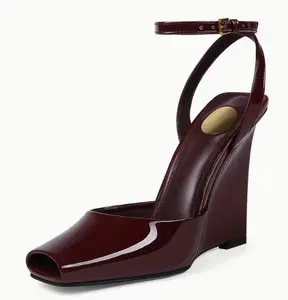 Custom Made Womens Burgundy Patent Leather Peep Toe Wedge Heel Sandals Ankle Strap Square Toe Glossy Patent Heels Elegant Formal Dress Shoes for Party Wedding Cocktail Office Business Evening Comfortable Wedge Heels