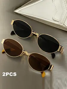 2 pairs of metal frame oval retro fashion glasses, stylish design, suitable for women, suitable for daily and street style wear, travel and beach wear, school wear, holiday gifts