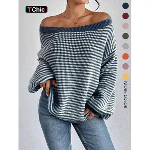 Women's striped off shoulder sweater, daily outdoor casual bishop sleeve boat collar jumper, Four Seasons women's knitted fabric, women's clothing, topsRAIMENTRY