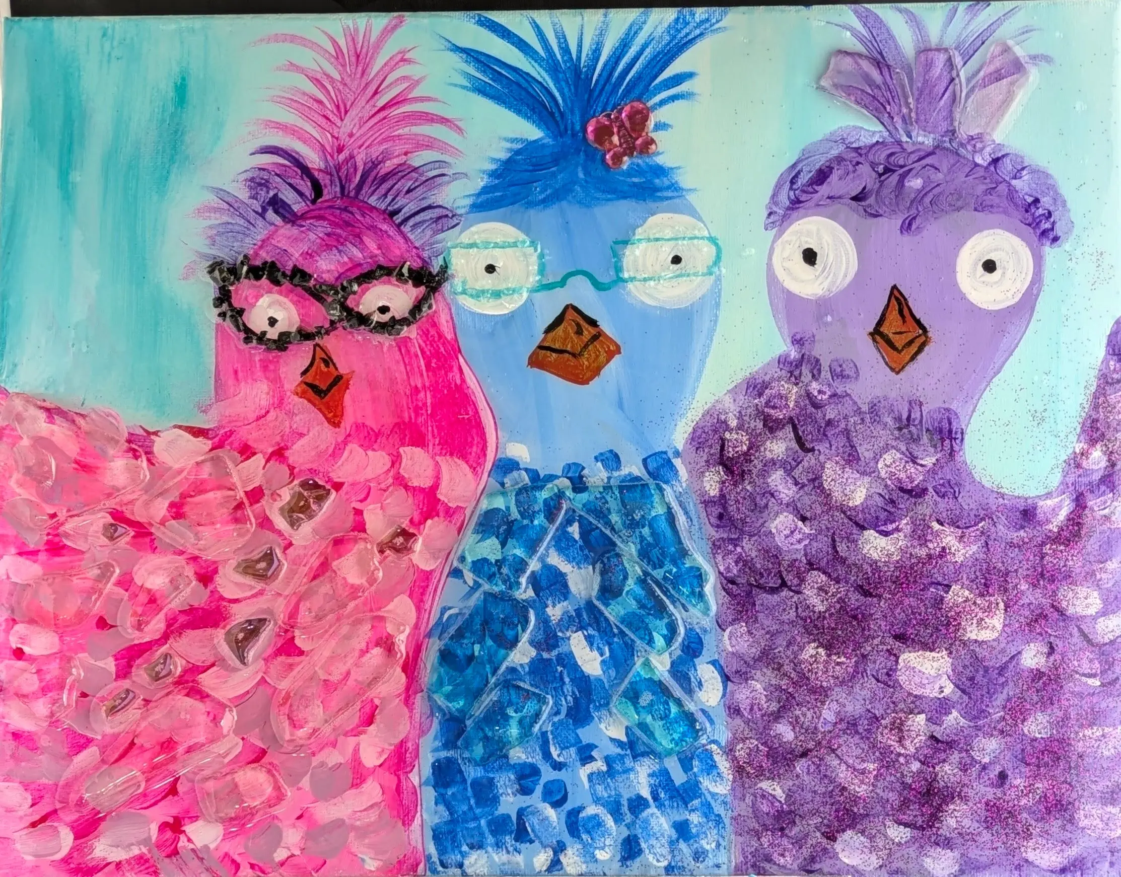 3 x's The Trouble Resin Art Painting - Vibrant Canvas Wall Decor with Three Colorful Chickens for Room Decoration