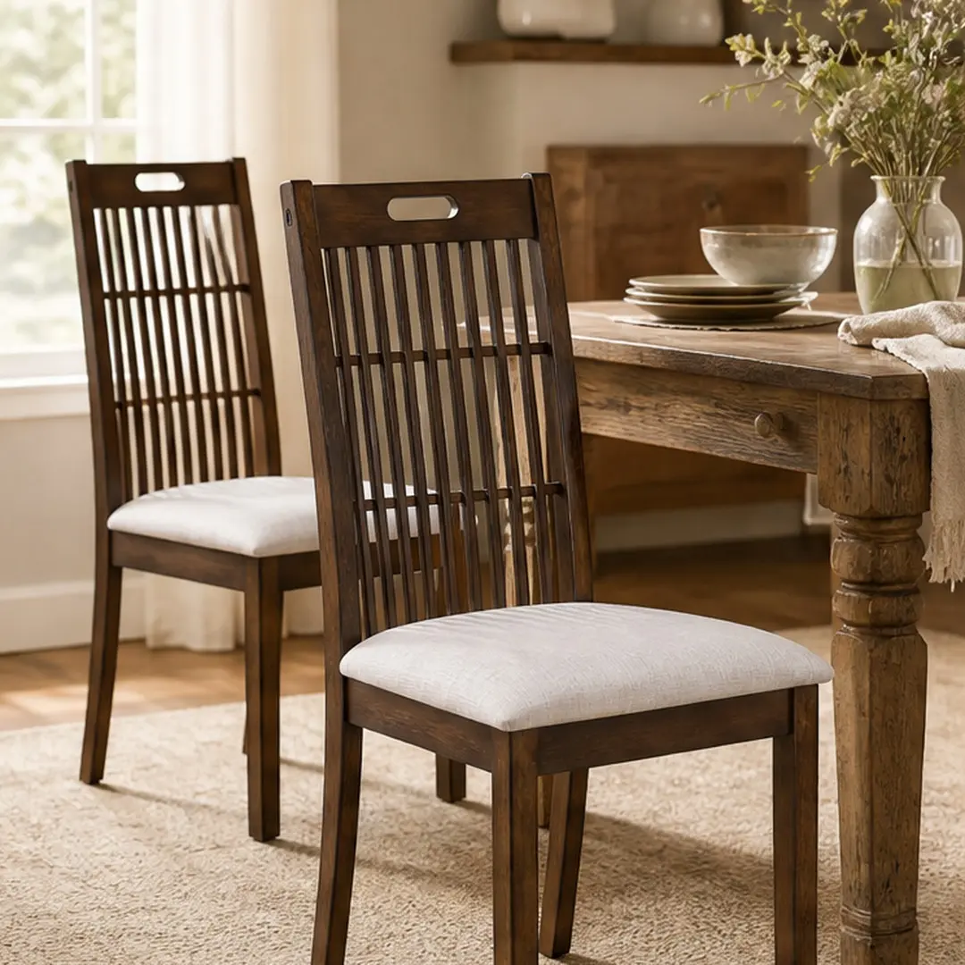 ARCH Set of 2 Rustic Farmhouse Dining Chairs with Slatted Back, Upholstered Seat, Solid Rubberwood, Antique Dark Oak Finish, Side Chairs for Kitchen Dining Room, Easy Assembly, 21.5Wx19.3Dx39.4H in, Antique Dark Oak/Antique White Color Options