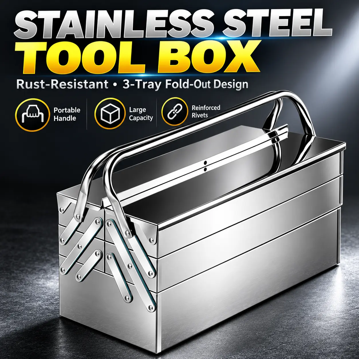 Stainless Steel Tool Box, 3-Tray Folding Toolbox with Handle, Large-Capacity Tool Organizer for Garage, Workshop & DIY Repairs
