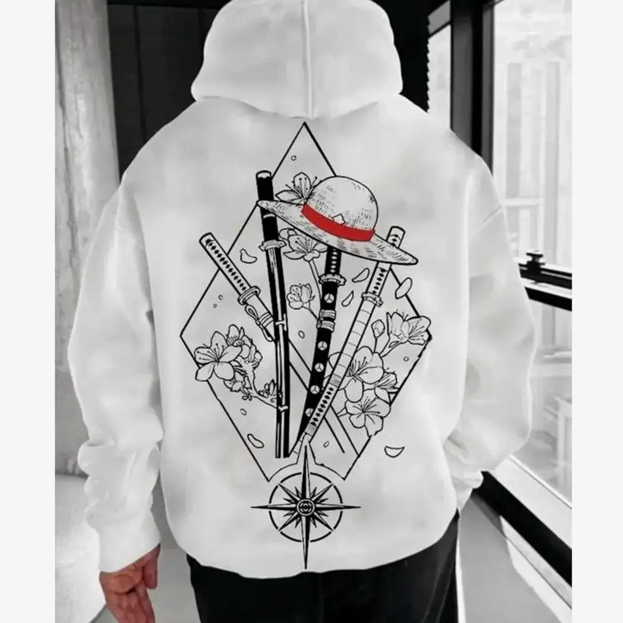 One Piece Manga Hoodie, Minimalist Manga-Inspired Sweatshirt, Iconic Straw Hat Design, Perfect for Anime Enthusiasts, Classic Cotton Menswear Top U 5
