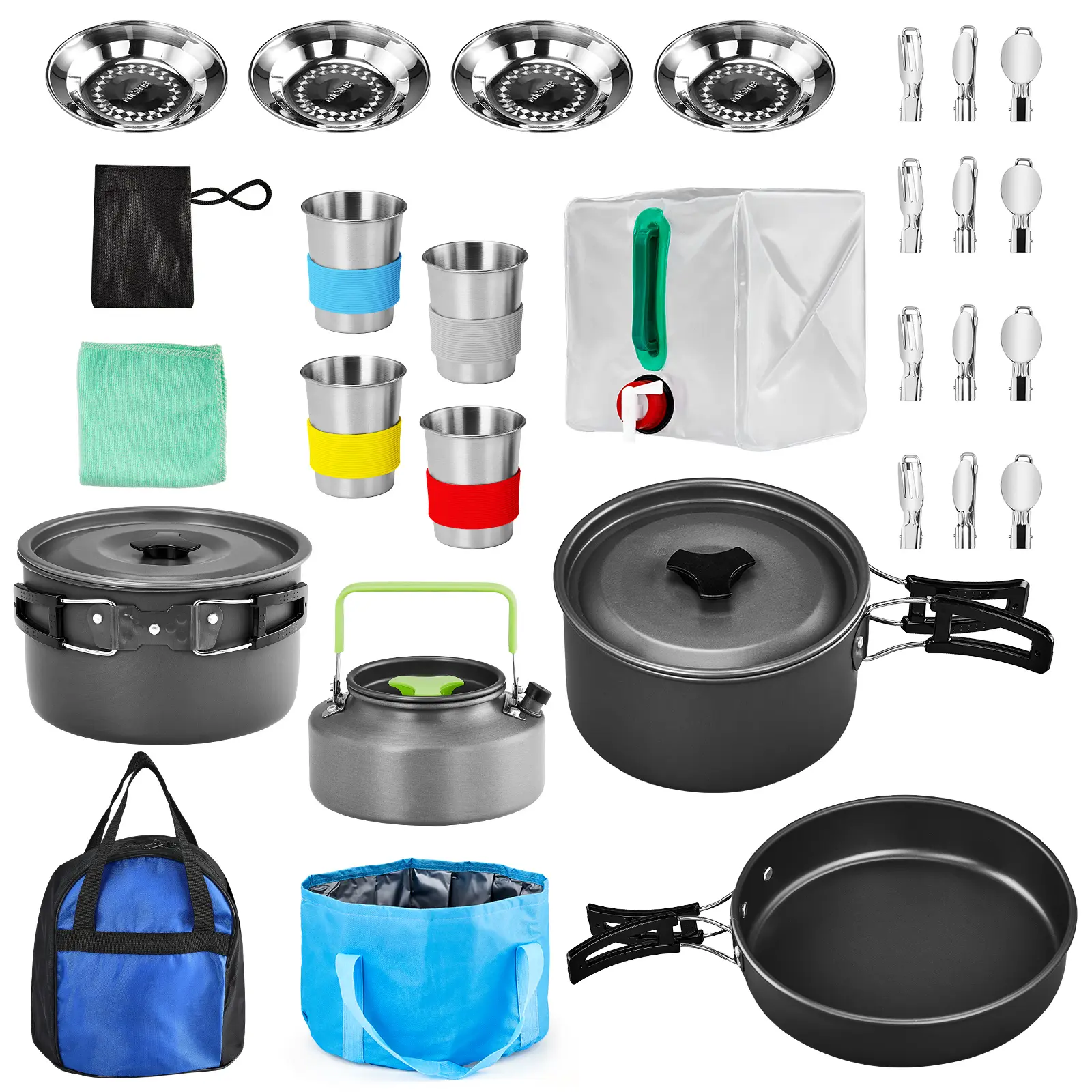 34 pcs Camping Cookware Mess Kit , Lightweight Non-Stick Camping Cooking Pot and Pan Set with Stainless Steel Camping Gear Kettle Cup for Open Fire for 4 Persons, Backpacking, Outdoor Cooking