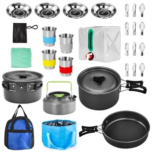34 pcs Camping Cookware Mess Kit , Lightweight Non-Stick Camping Cooking Pot and Pan Set with Stainless Steel Camping Gear Kettle Cup for Open Fire for 4 Persons, Backpacking, Outdoor Cooking