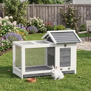 2-Story Wooden Rabbit Hutch, Weatherproof with Asphalt Roof, Anti-Chew Metal Frame, Pull-Out Tray, Ramp & Run, for Small Animals