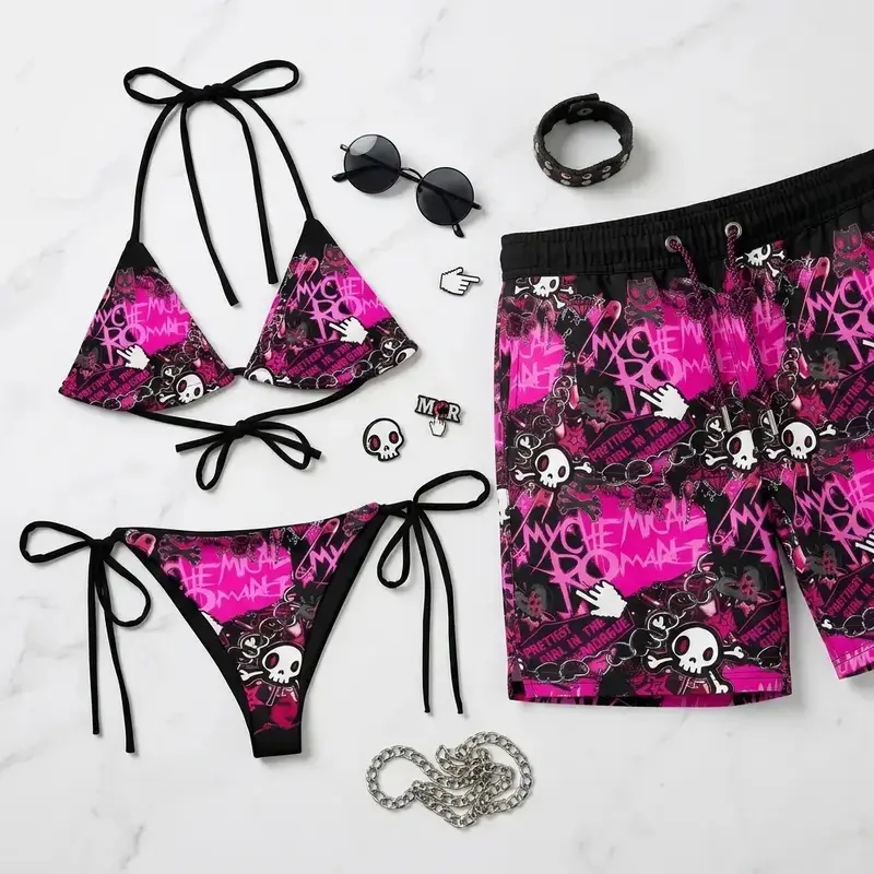 Matching Couple Y2K Gothic Swimwear Set – Scene Emo Bikini & Men's Swim Trunks, Alternative Aesthetic Summer Beachwear, His & Hers Vacation Swimsuits