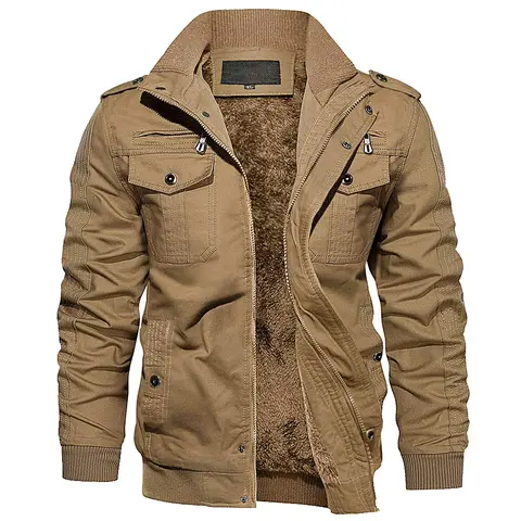 MAGCOMSEN Men's Fitted Retro Cargo Work Jacket - Fleece-Lined Cotton Thermal Canvas, Hard-Wearing, Pocketed, Windproof Workwear Style Lightweight Warm Men's Clothing for Work, Biking