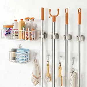 11 Pack Broom Holder Wall Mount Self Adhesive,Broom and Mop Organizer Wall Hanging with Cleaning Supplies Organizer and Utility Hooks Grippers,Broom Hanger Storage Rack for Closet Cabinet Laundry Room