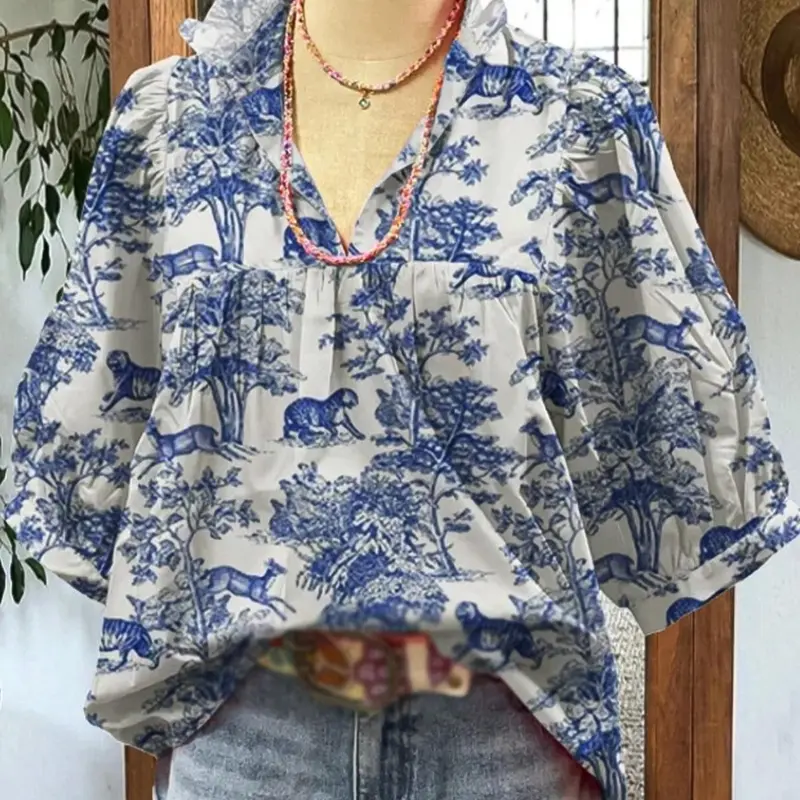 Women's Plant & Bird Print V Neck Boho Cottagecore Blouse, Boho Bohemian Vneck Casual Short Sleeve Top for Summer, Women's Clothing for Daily Wear, Boho Style Shirt, Boho Blouses