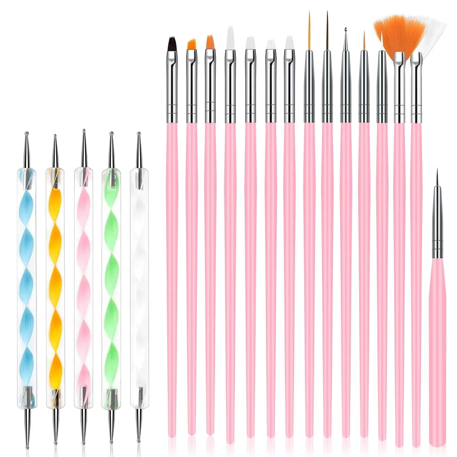 Professional Nail Art Kit, 15 Piece Brush Set with Pink Handles, Drawing Tools, Dotting Pens and 5 Dual-End Rhinestone Applicators for DIY Manicure Design