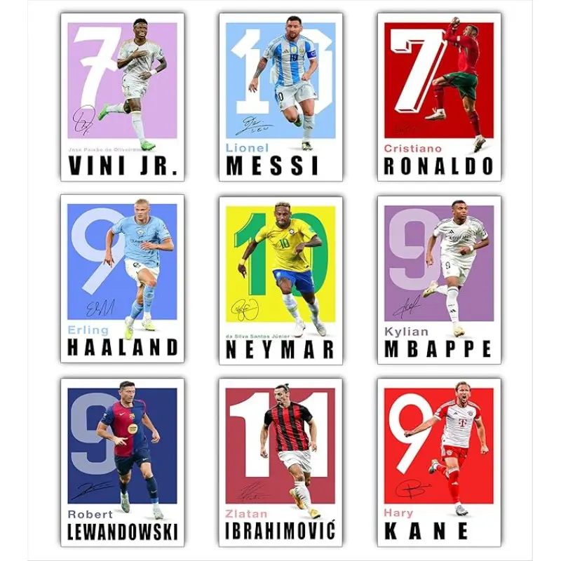 9pcs Famous Soccer Posters, 9 Soccer Posters For Boys Bedroom, Soccer Wall Art, Home Wall Decor Art, Messi And Ronaldo Poster. Gift for Fan Football, Messi, Ronaldo, Neymar, Vini Jr, Mbappe, Haaland, Kane, Lewandowski, Ibrahimovic Poster Unframed