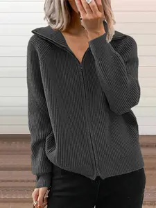 Women's Casual Striped Knit Sweater Jacket, Loose-Fitting Long Sleeve Zipper Cardigan, Fall & Winter Fashion Outerwear