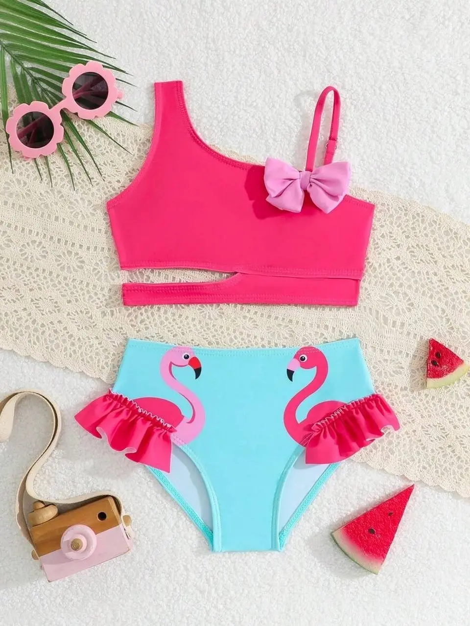 Girls Asymmetric Pink Camisole Bikini Set, Flamingo Print Triangle Swimsuit for Beach Summer Pool