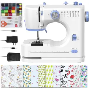 Sewing Machine for Beginners with Sewing Threads Kit(20Pcs Fabric & 32 count),Portable Sewing Machine with 12 Built-in Stitches & 2 Speed(High-Low Speeds) - Blue&White