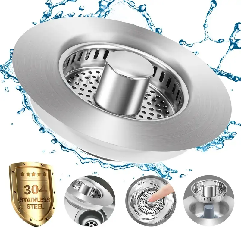 DouBath Upgraded 3 in 1 Kitchen Sink Drain Strainer, Stainless Steel Pop Up Sink Stopper, Larger Anti-Clogging Basket, 3-Layer Seal, Detachable Drain Plug for US Standard 3-1/2" Drain, Brushed Nickel anti-clog