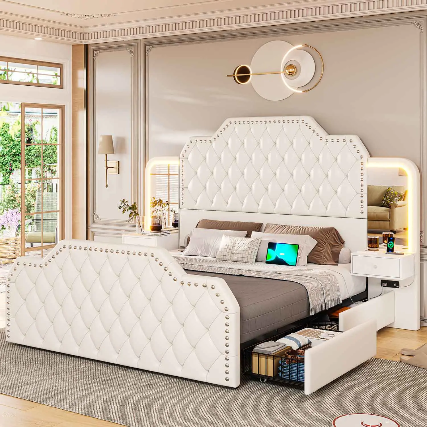 Sikaic PU Leather Upholstered LED Platform Bed Frame with Headboard & 2 Nightstands - Elegant, Illuminated, Clean Aesthetic Built-In LED Lighting Storage Bed Set, White Contemporary Stable Indoor Furniture, Elegant Bed Frames, Illuminated Panel Bed Frames