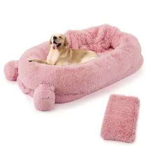 Human Dog Bed, Comfy Human Size Bed for Adults and Pets, Washable Faux Fur Human Bed, Memory Foam Human Giant Dog Bed with Soft Blanket, Pillow and Storage Belt, Black
