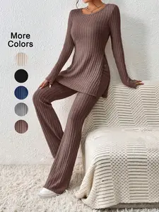 Women's Solid Ribbed Long Sleeve Tee & flare Pants Set, Casual Split Hem Top & Trousers Set for Daily Wear, Ladies Clothes for All Seasons