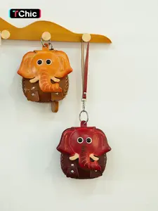 Cute zodiac cartoon elephant change bag car keychain bag niche cute first layer cowhide material tree paste leather retro handicraft bag pendant