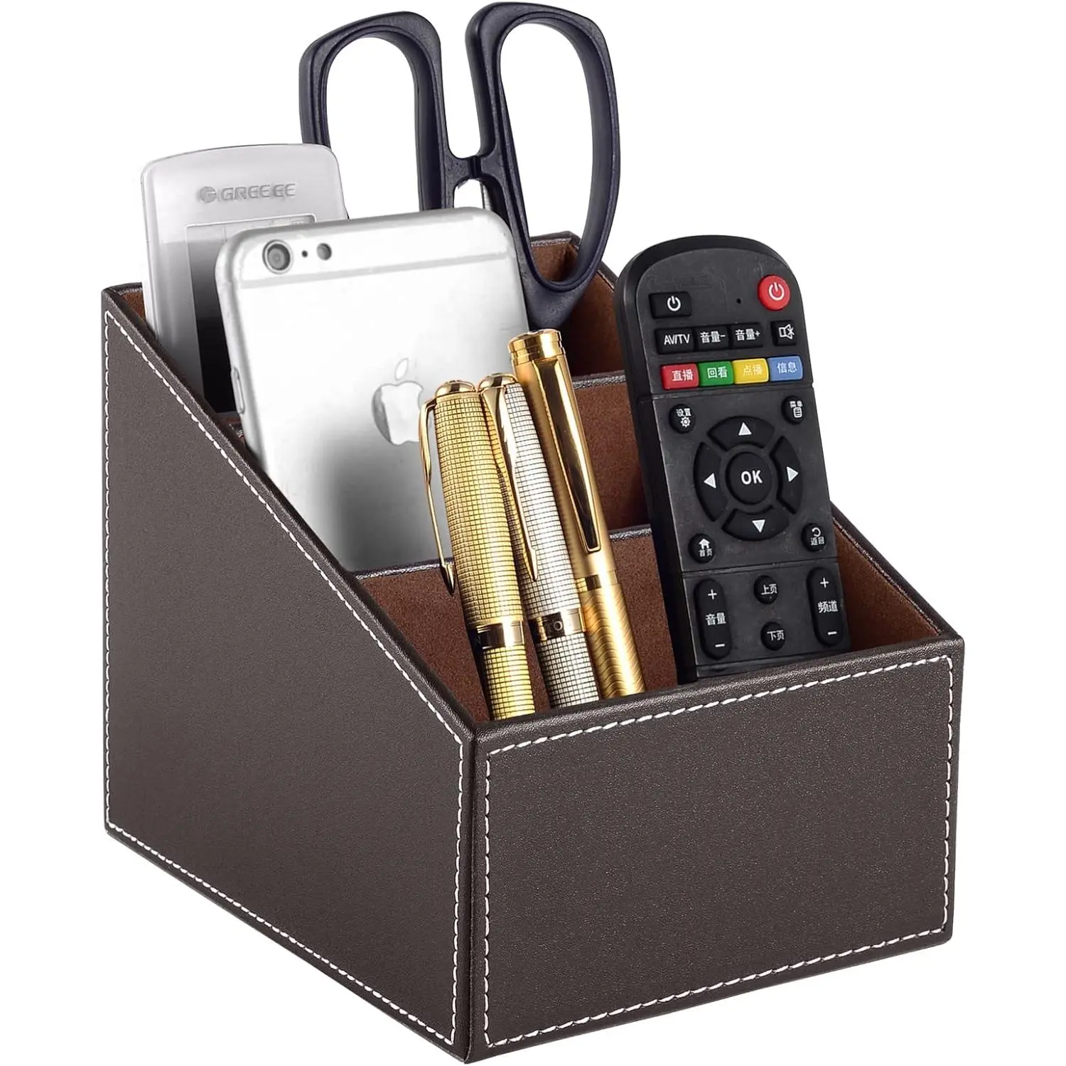 TV Remote Control Organizer/Caddy with 3 Compartments,PU Leather Remote Holder Bedside Table Top, Storage Box, Mobile Phone and Media Accessory Storage,Desk Organizers(brown)