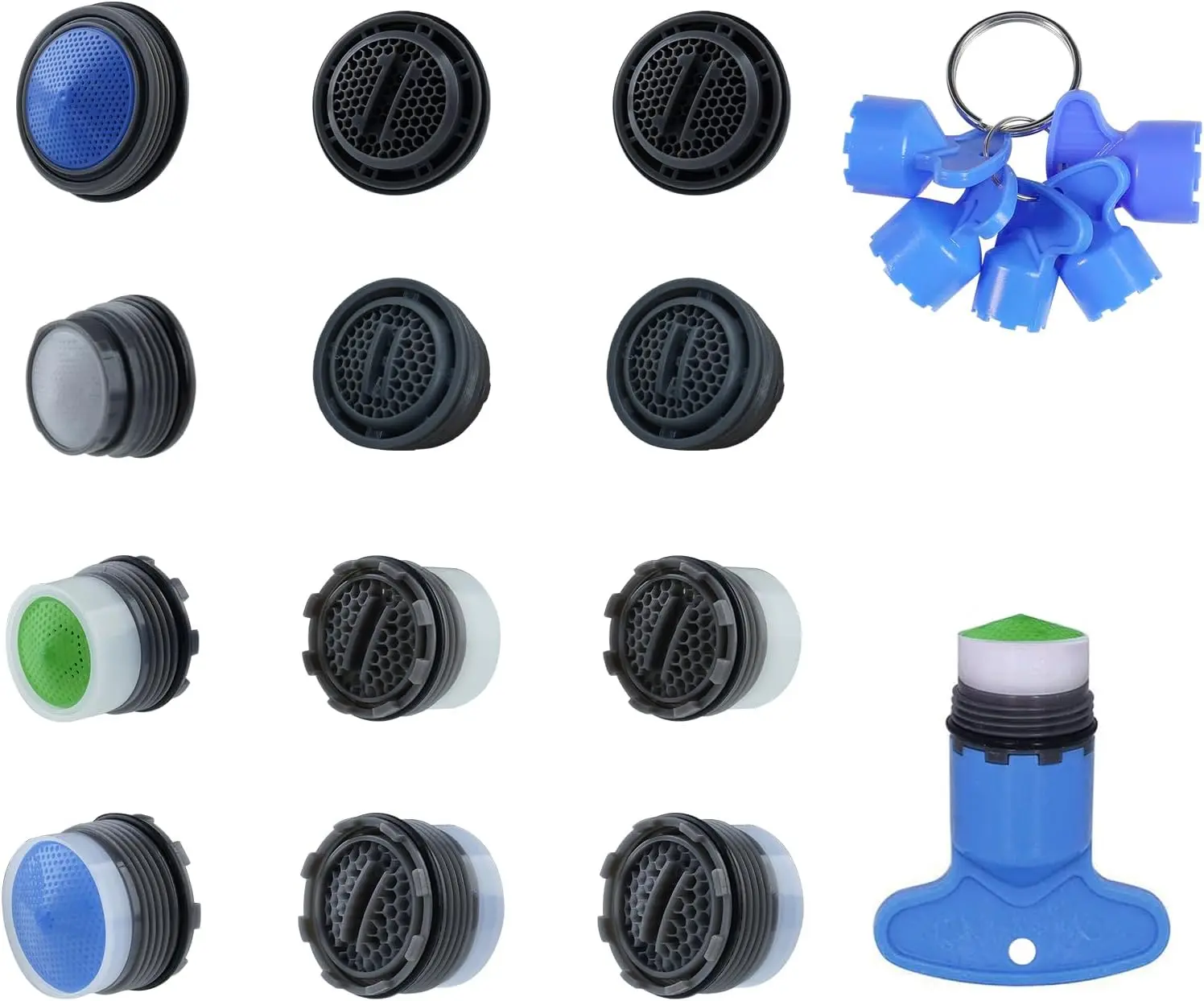 12-Pc Multi-Size Chrome Sink Tap Inserts with 6-Pc Faucet Aerator Key Removal Wrench Tools, Flow Control Replacement Parts for M16.5, 18.5, 21.5, 24 mm Taps (M16.5-M24mm Compatibility)