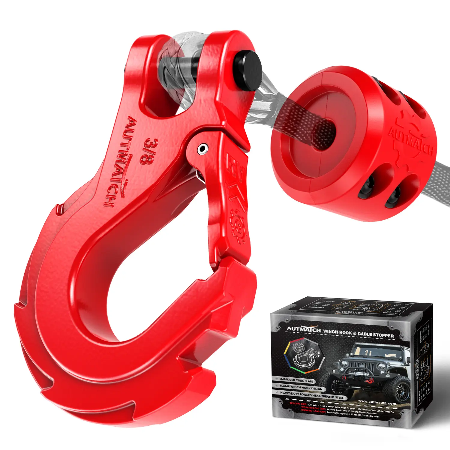 AUTMATCH Winch Hook 3/8" - Grade 70 Forged Steel Clevis Slip Hook with Safety Latch & Winch Cable Hook Stopper, Max 39,600Lbs Work for Winch Rope ATV UTV Jeep Off Road Vehicle Galvanized Powder Coated Load Capacity Silicone Rubber Shock Absorption