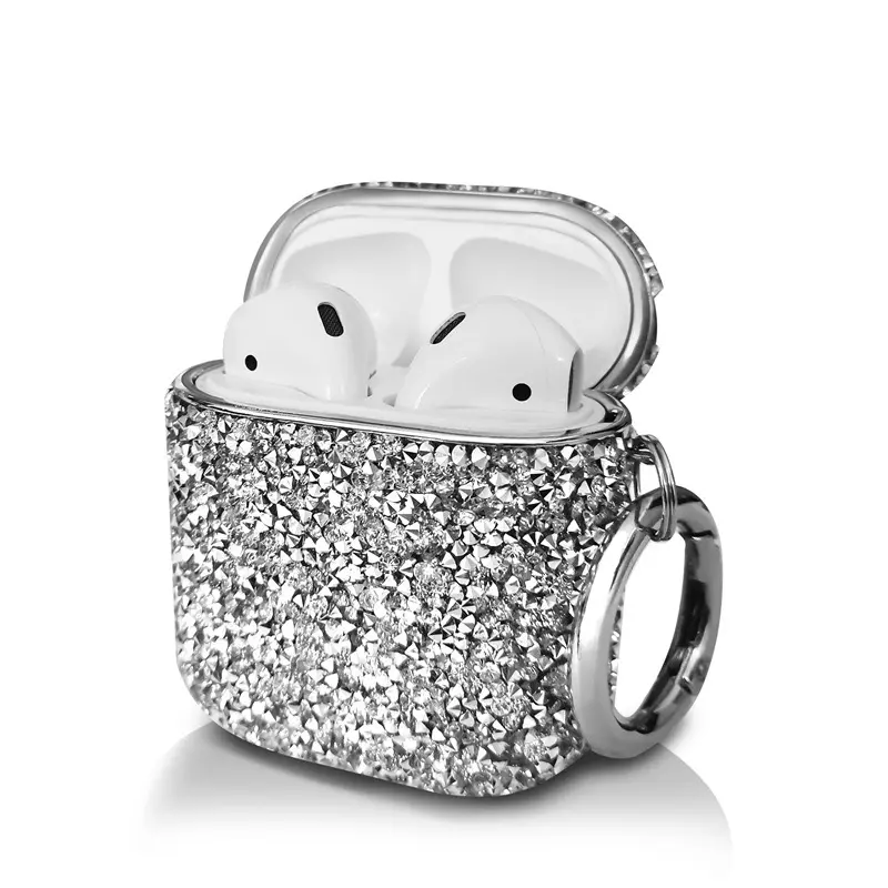 Silver Bling Rhinestone AirPods Case with Keychain - Luxurious Sparkly Protective Cover for AirPods 1/2 / 3 / 4 / Pro / Pro 2 / Pro 3, Cute Diamond Design for Women Girls