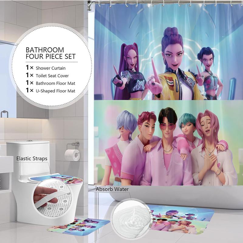 K-POP Demon Hunters Bathroom Set, Shower Curtain Sets Including Shower Curtain with 12 Hooks, Non-Slip Bath Rug, U-Shaped Toilet Mat, Toilet Lid Cover, Bathroom Decoration Accessories