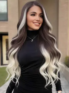 Full hand crocheted13x4 Lace Front Wigs Glueless, No Glue Wig Frontal Wig for Women 24 Inch Beige Brown Ombre Platinum Blonde Long Wavy Synthetic Lace Front Wig Pre Plucked Skunk Stripe Highlight Lace Hairline Wig